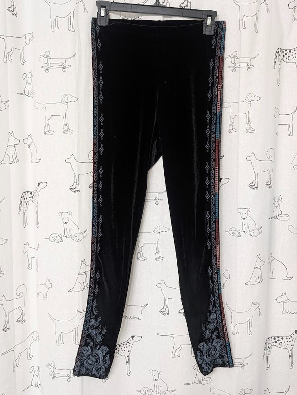 Johnny Was Black Tahndi Stretch Velvet Leggings Embroidered Rainbow Boho XS